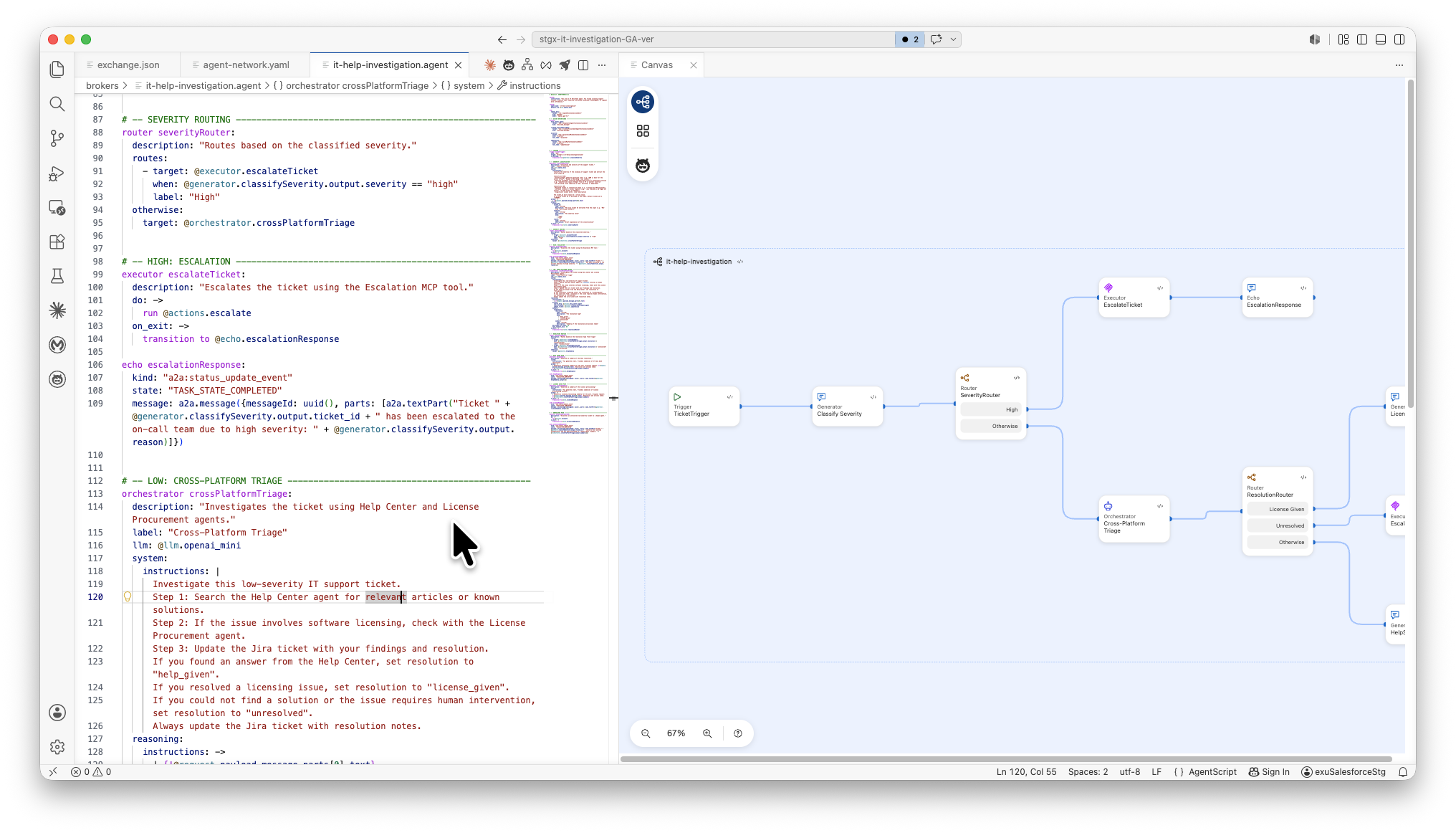 Anypoint Code Builder canvas showing the executor node highlighted in the code view editor