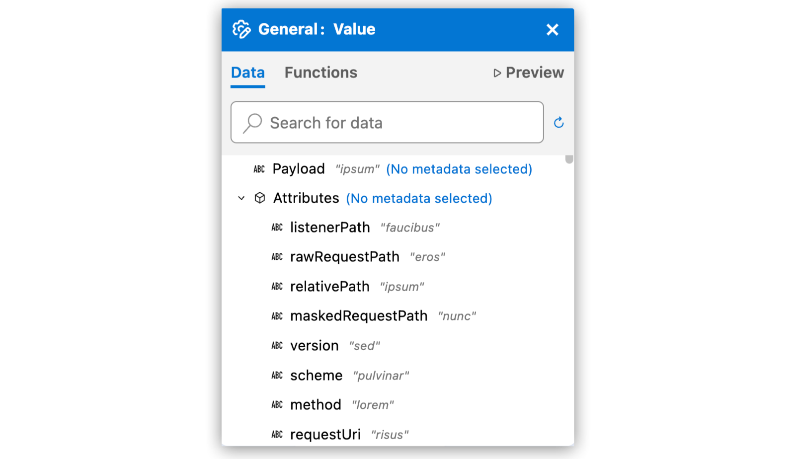Data tab for expression field with mock attributes