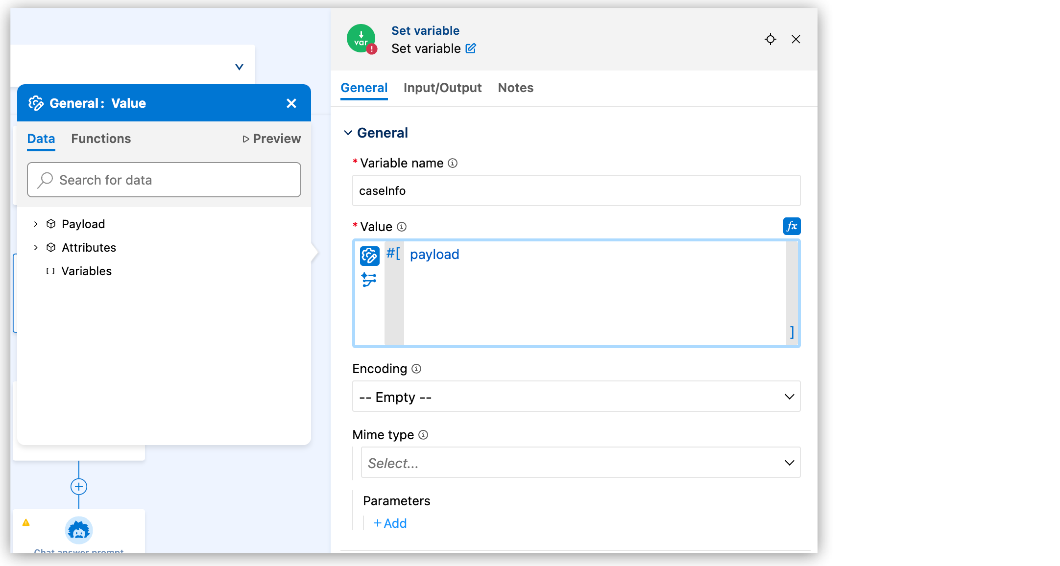 *Expression Builder* interface shows the *Data*, *Functions*, and *Preview* tabs for building DataWeave expressions in the `Set Variable` component