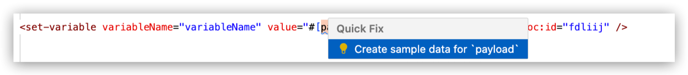 Quick Fix menu displaying 'Create sample data for payload' option in the code editor context menu
