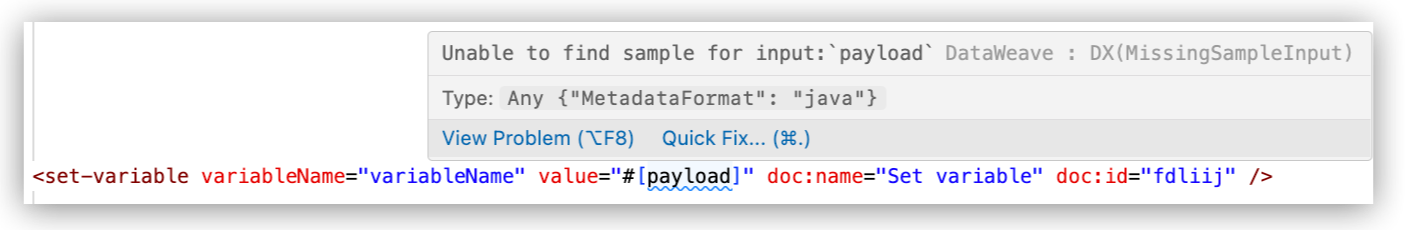 Code editor with cursor hovering over payload variable, showing Quick Fix for creating sample data