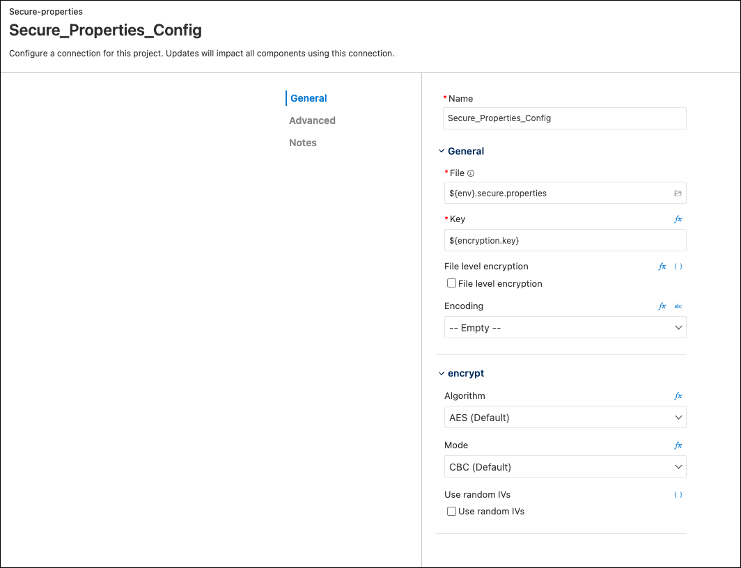 Form editor showing configurable fields for Secure Properties Config.