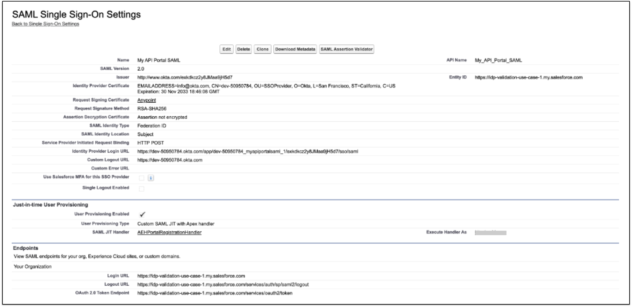 An example of the SAML Single Sign-On Settings