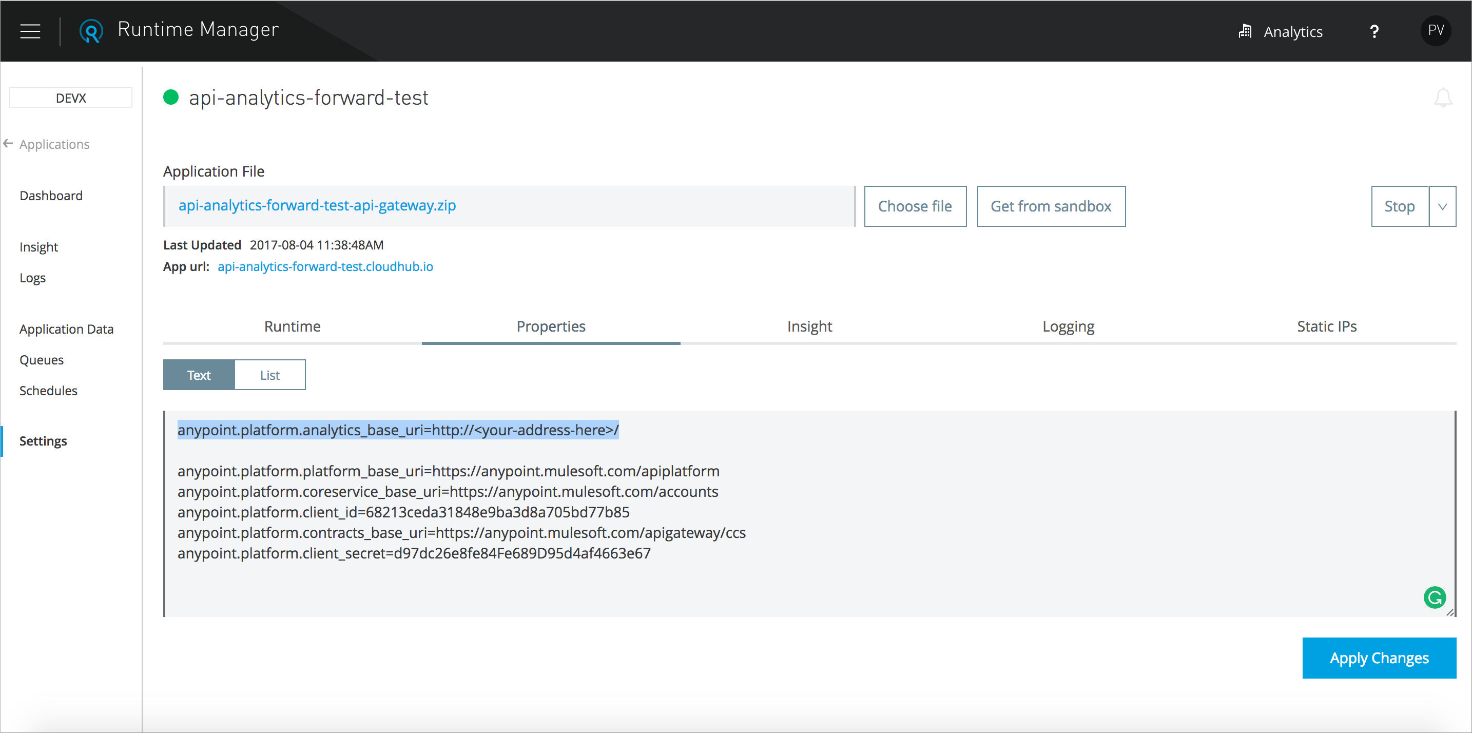 Event forwarding configuration in Runtime Manager