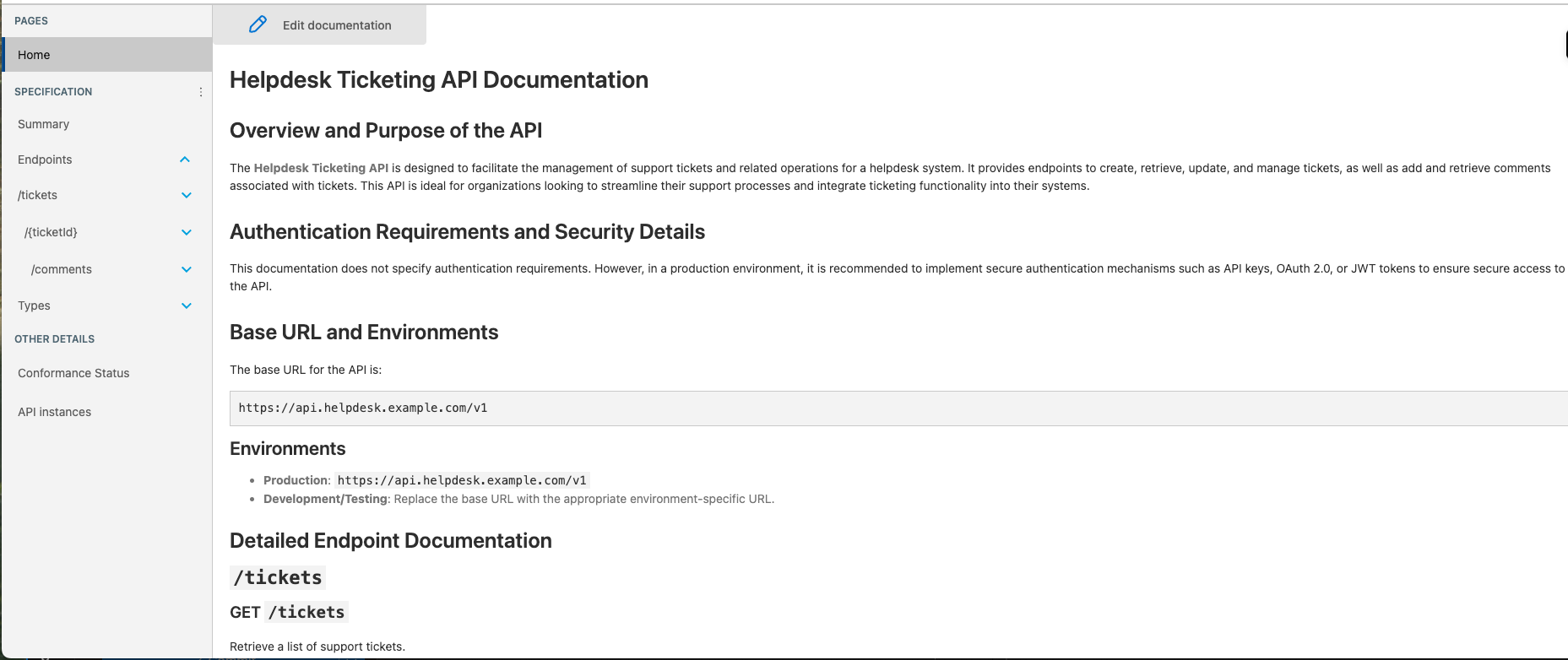 AI-generated documentation in draft mode with Edit documentation option