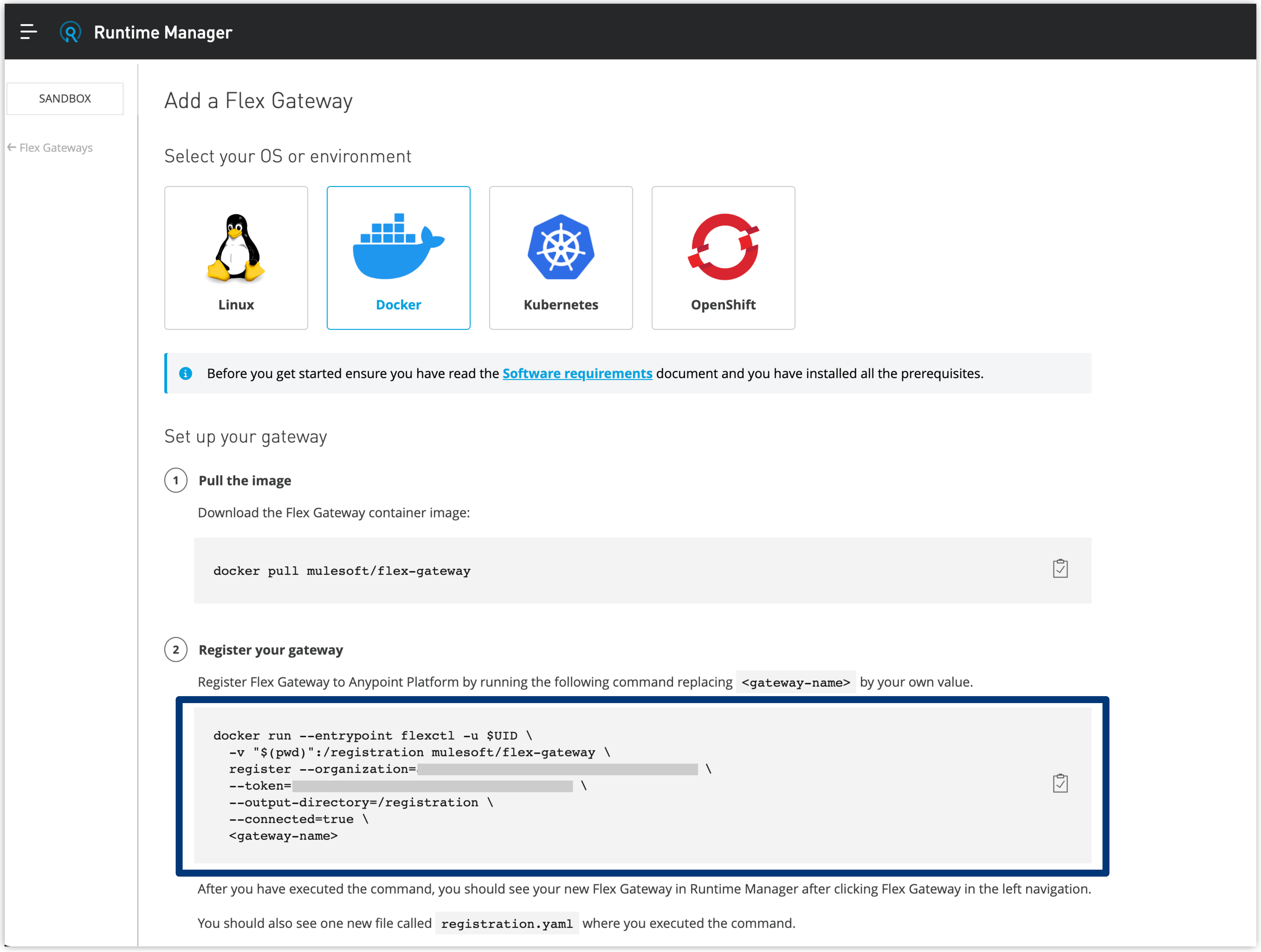 A code block with a command to register an Omni Gateway with Anypoint Platform