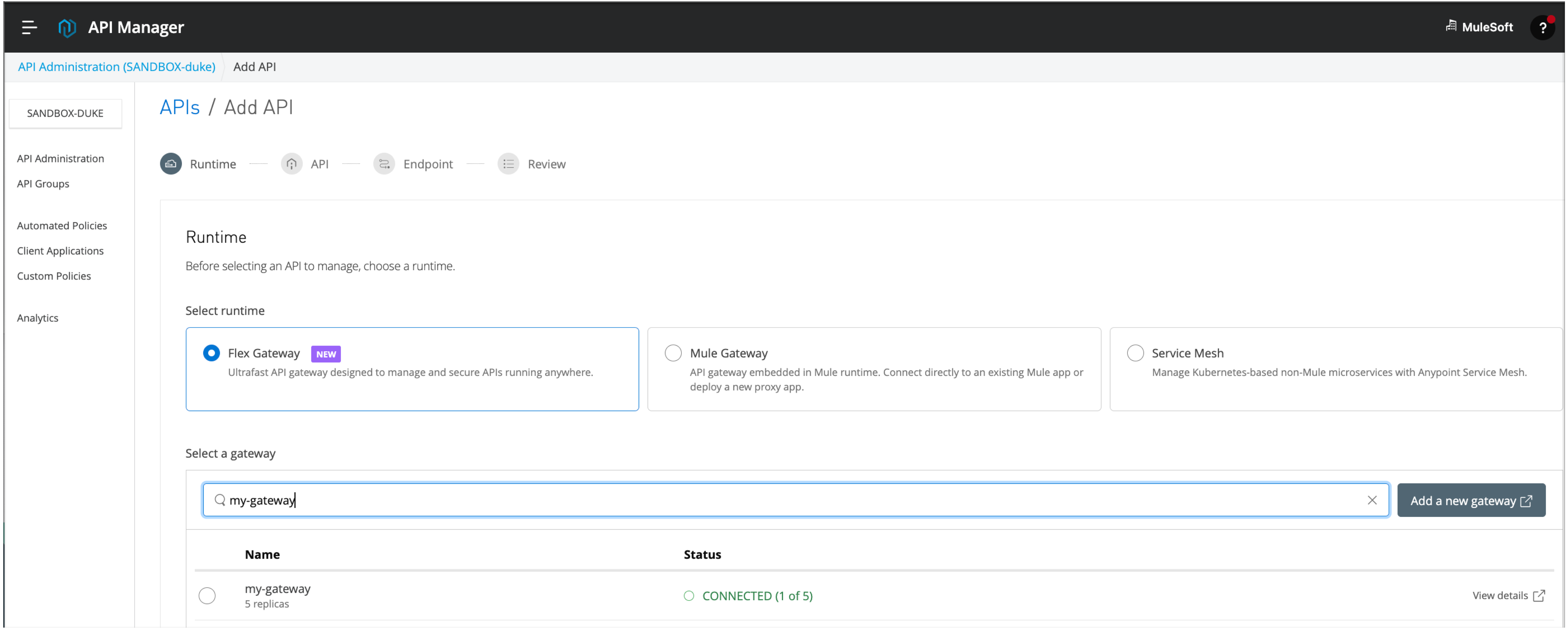 Add API page with Omni Gateway Runtime and my-gateway selected