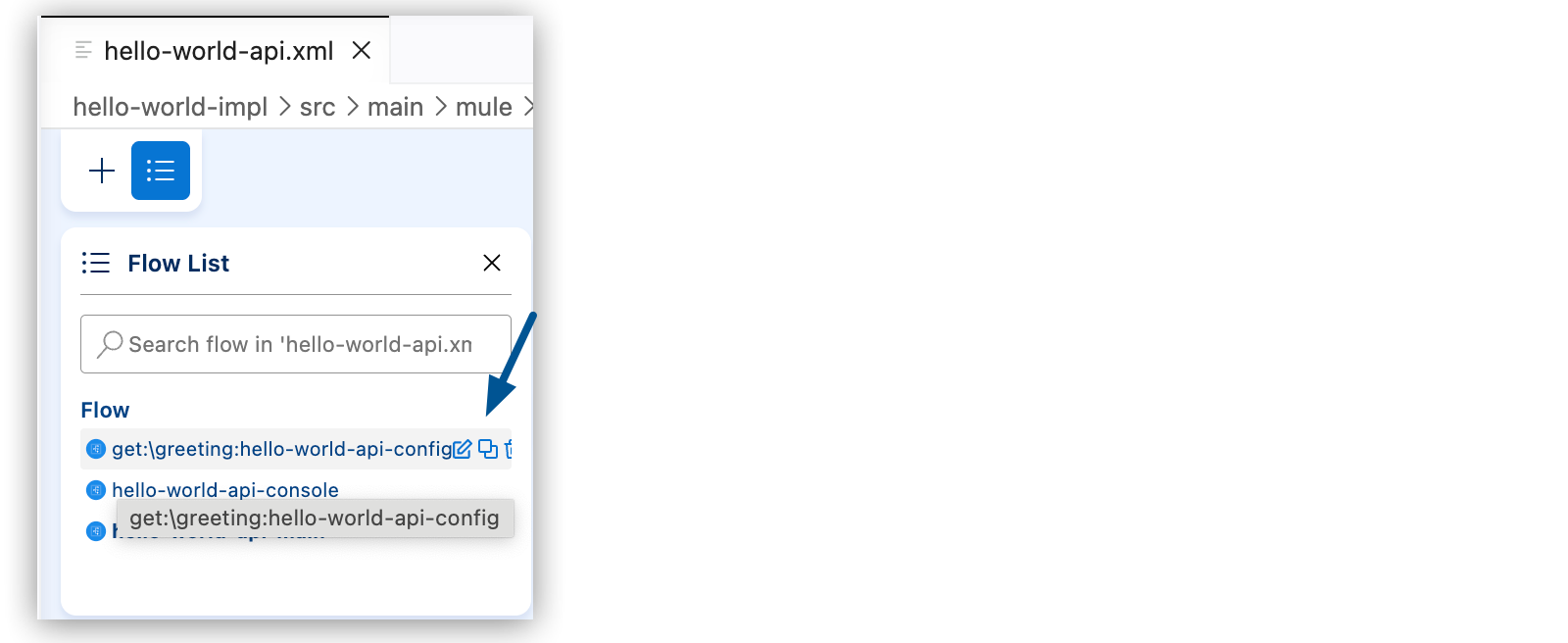 The get:\greeting:hello-world-api-config flow highlighted in the flow list