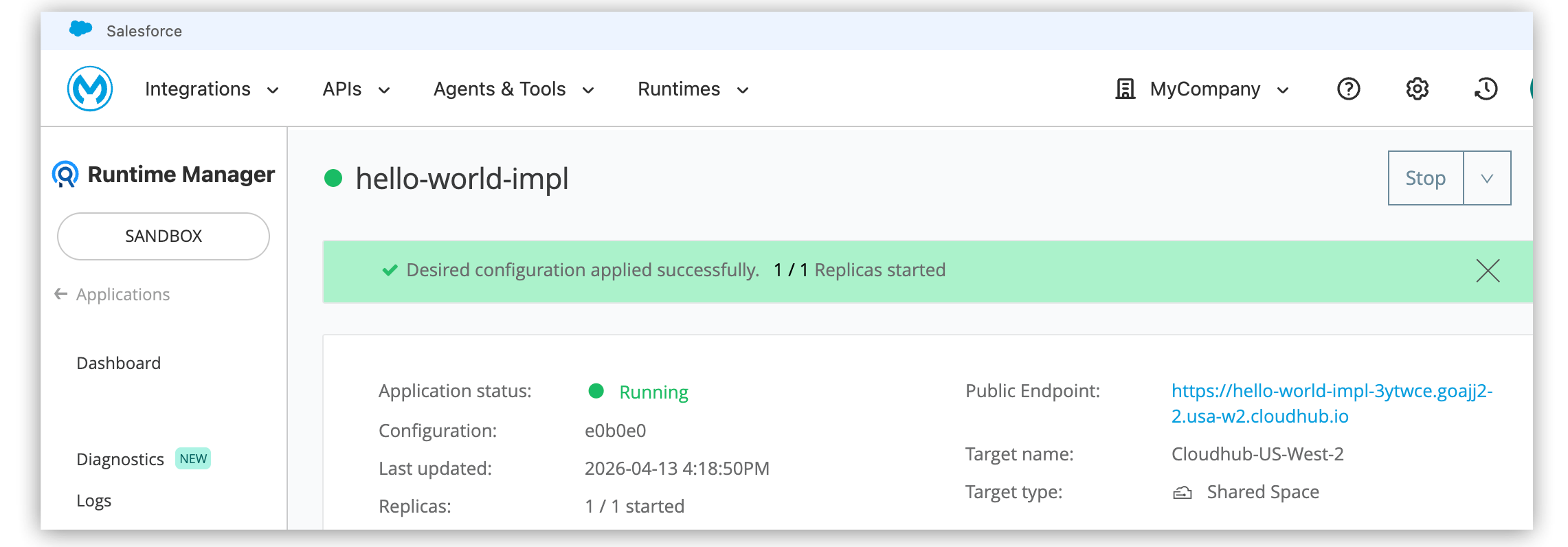 The application status is Running in Runtime Manager