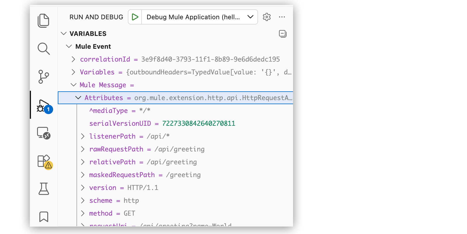 The Variables panel in the Run and Debug panel