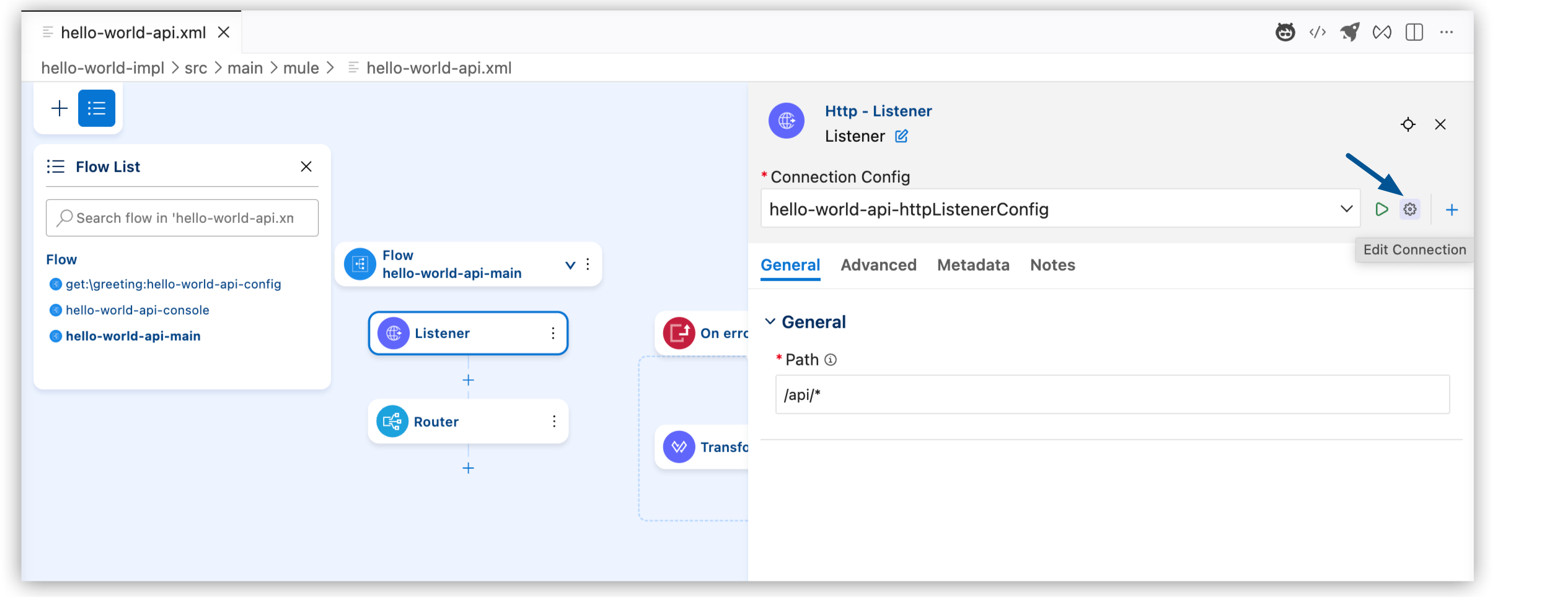 Anypoint Code Builder canvas with Listener component highlighted and an arrow pointing to the Edit Connection icon