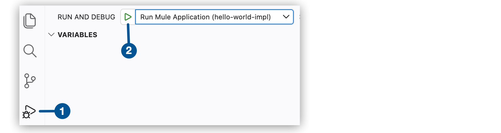 The Run and Debug panel and the button to run the Mule app