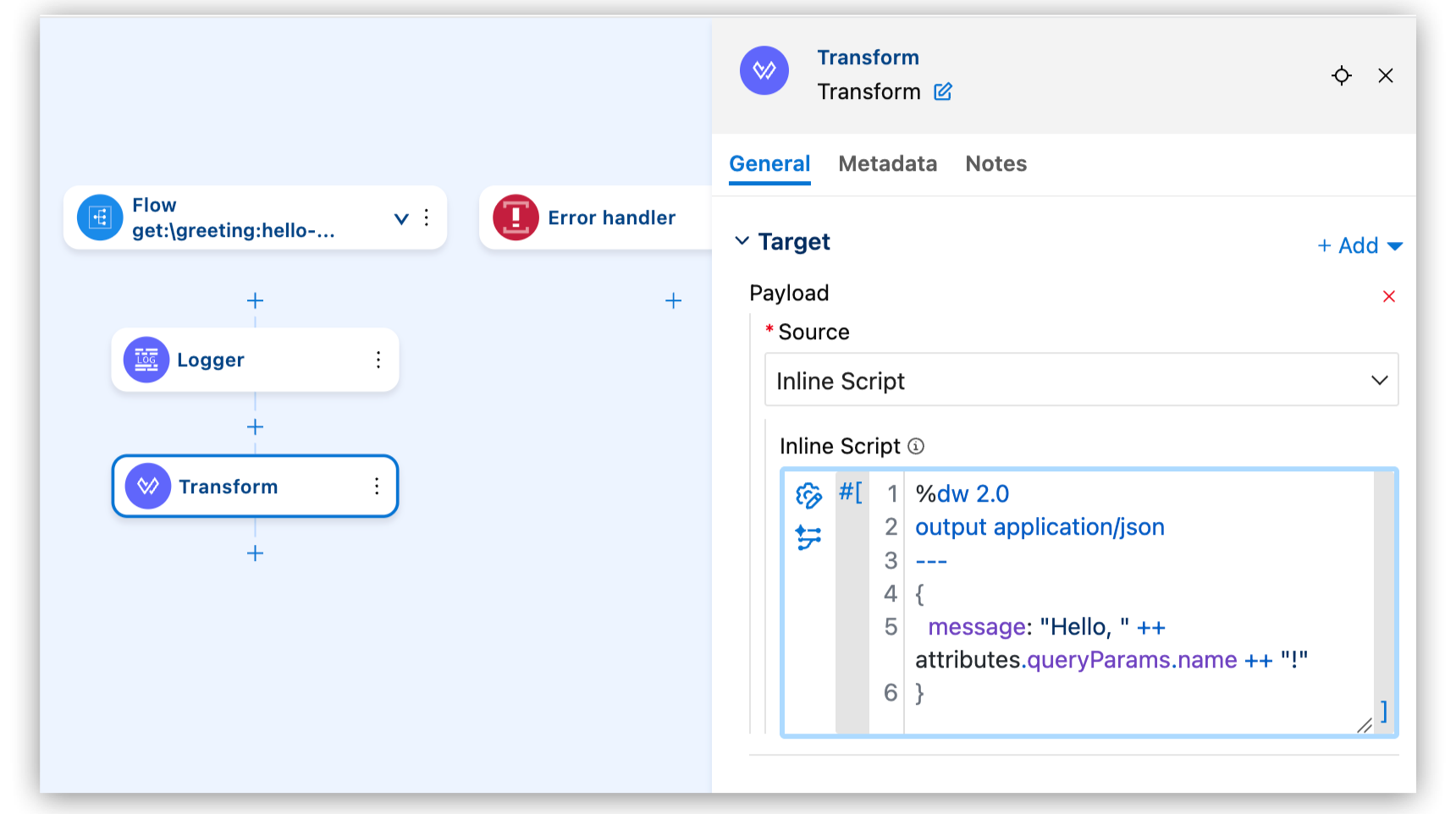 The Transform component with the DataWeave script inserted