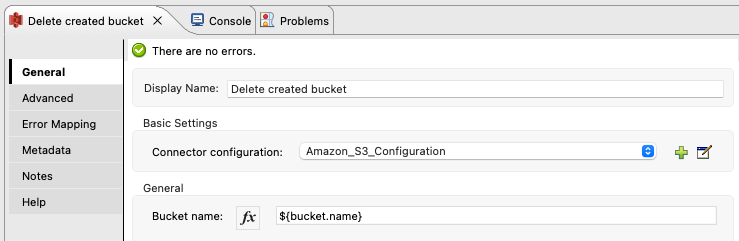 S3 Connector の [Delete S3 Bucket (S3 バケットを削除)] の [General (一般)] タブ