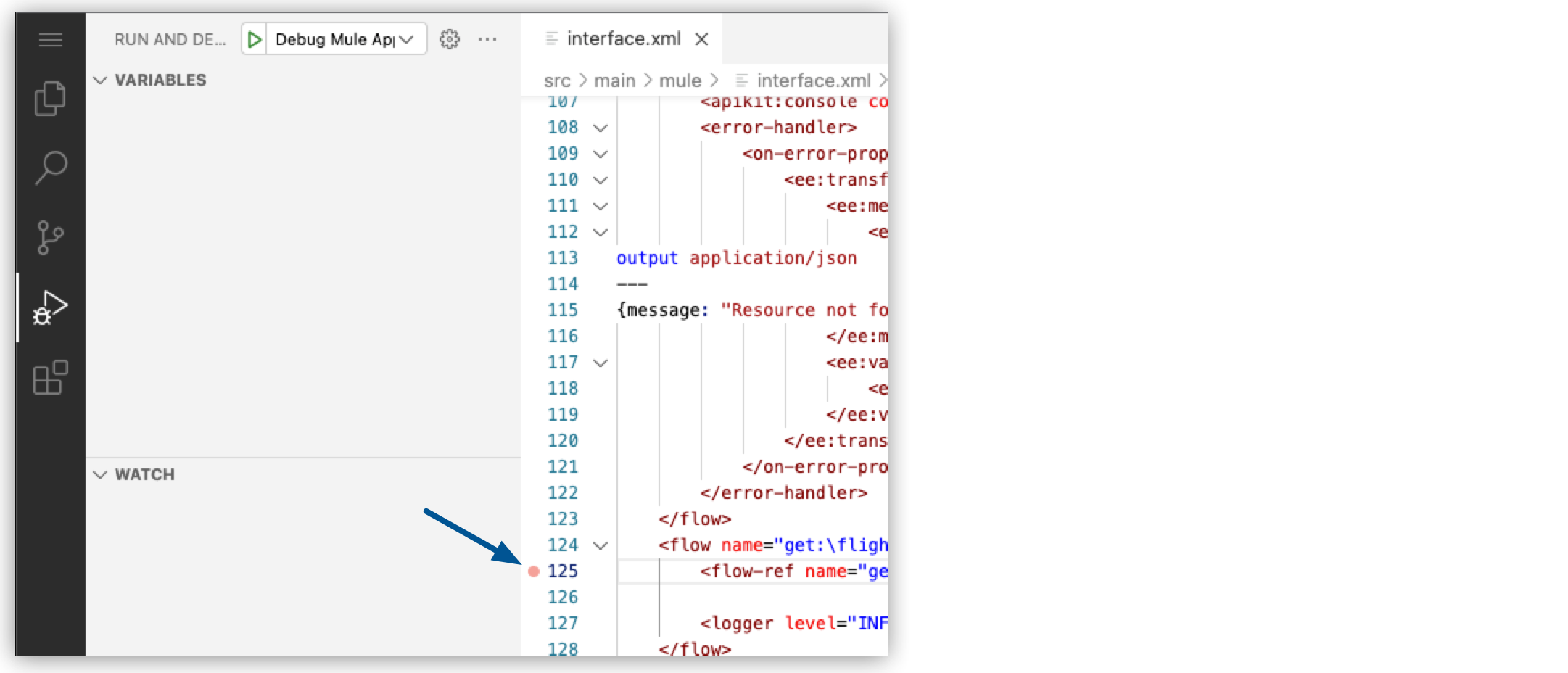 コードエディターでインターフェース XML ファイルが開き、ブレークポイントが有効になっています