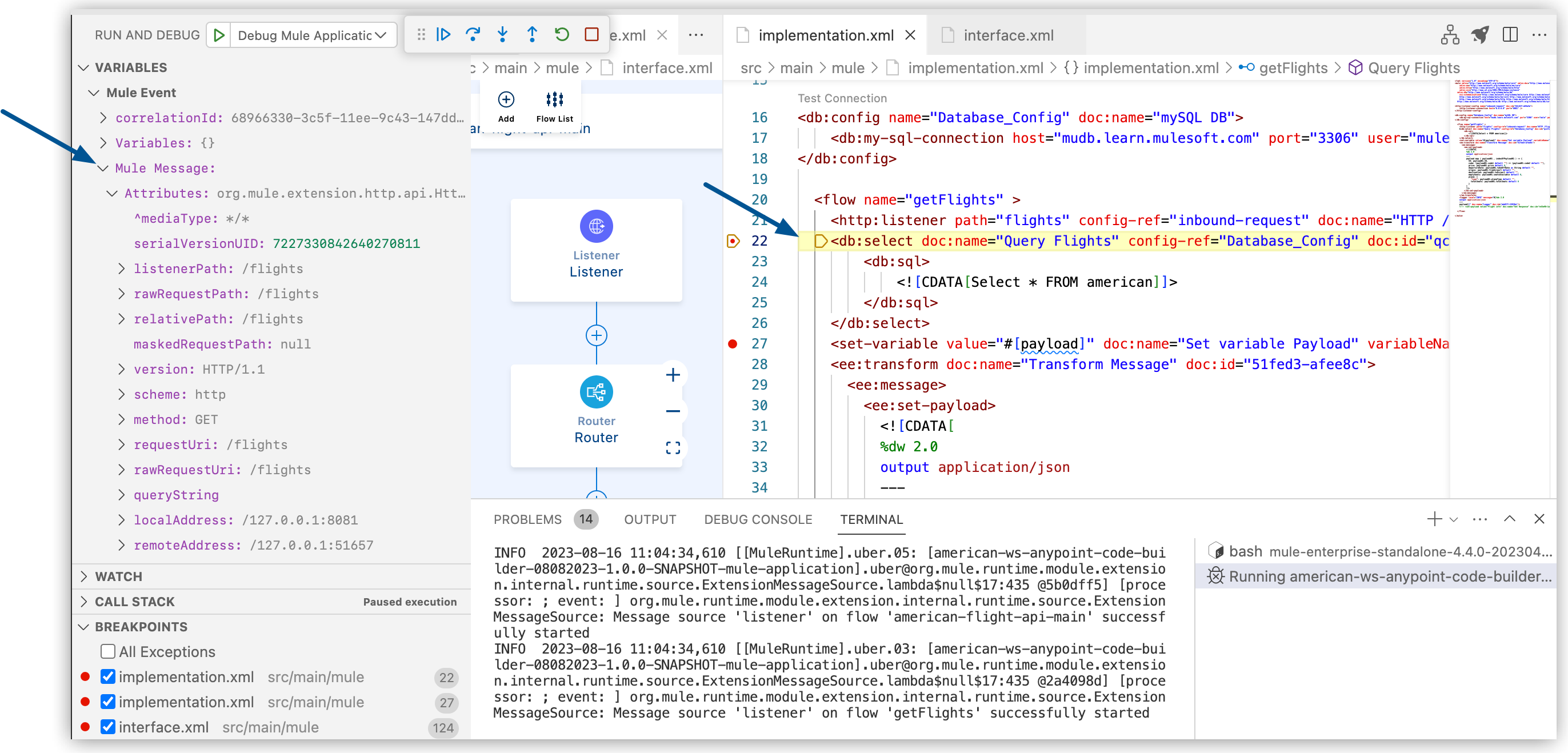 実行が停止する設定 XML ファイルのブレークポイント