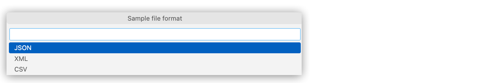 JSON、XML、CSV、Java、Text (テキスト)、YAML、Avro、Excel、その他のサポートされている形式を含むオプションが表示されているサンプルデータ形式選択メニュー