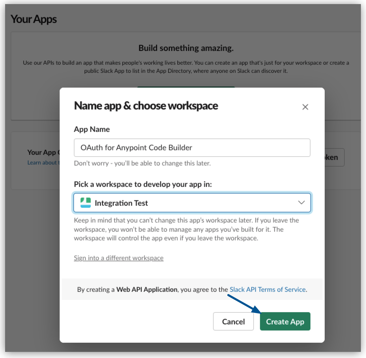 Slack でのアプリケーションの名前付けとワークスペースの選択
