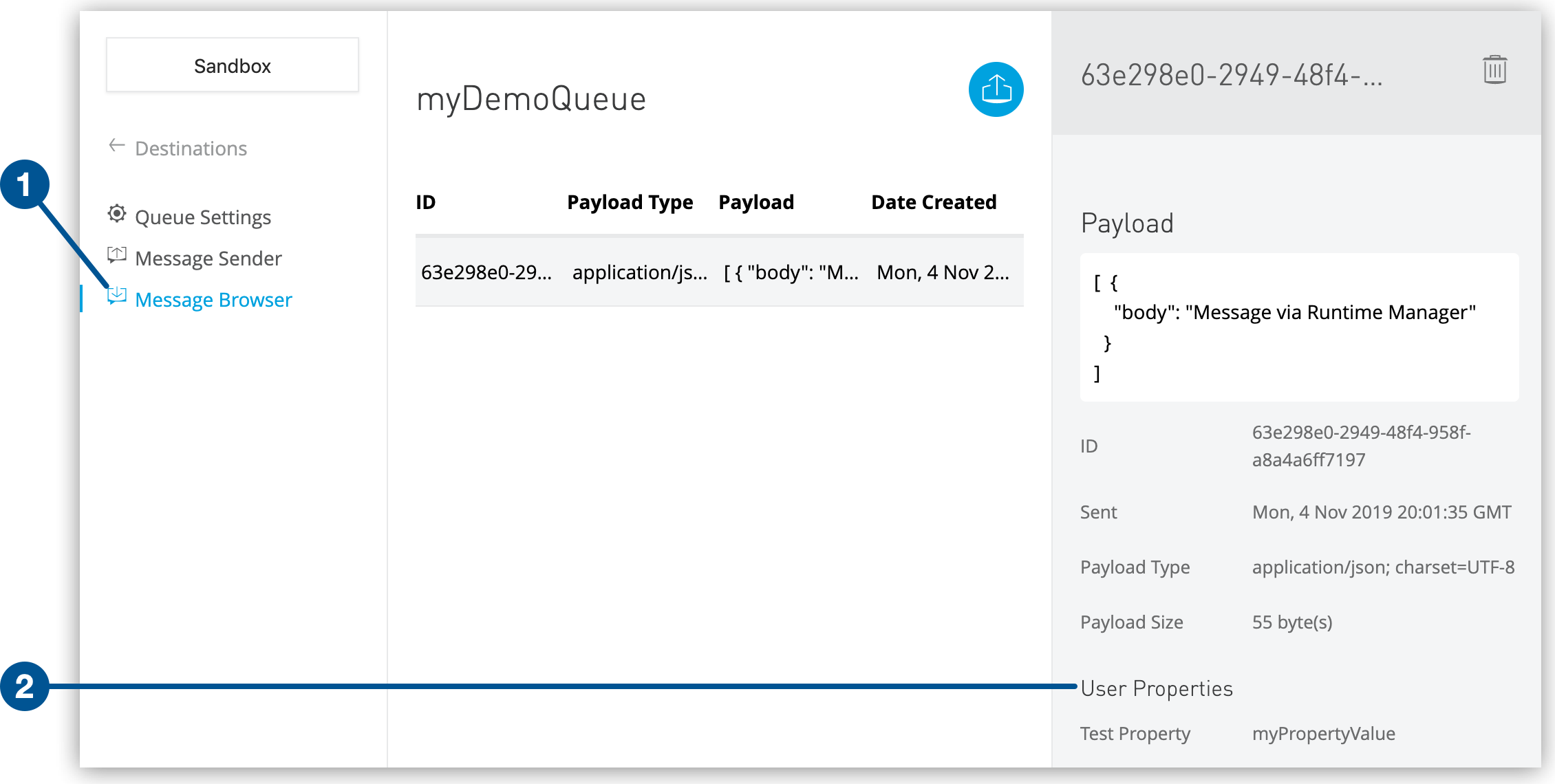 メッセージのユーザープロパティが表示されている [Message Browser (メッセージブラウザー)]