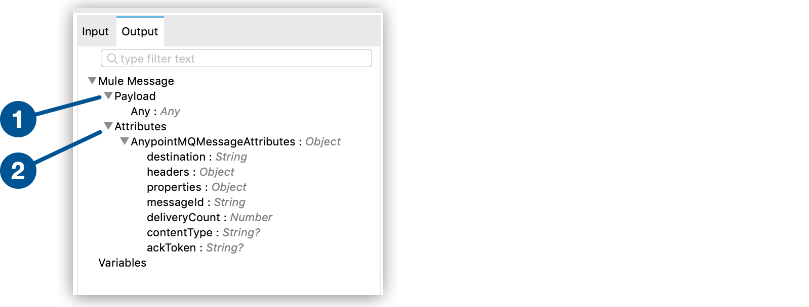 ペイロードとメッセージ属性を含む Mule メッセージ出力