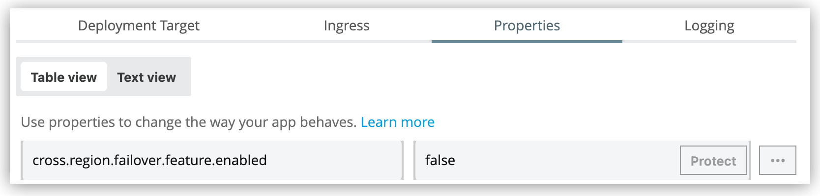 cross.region.failover.feature.enabled が false に設定された [Properties (プロパティ)] テーブル