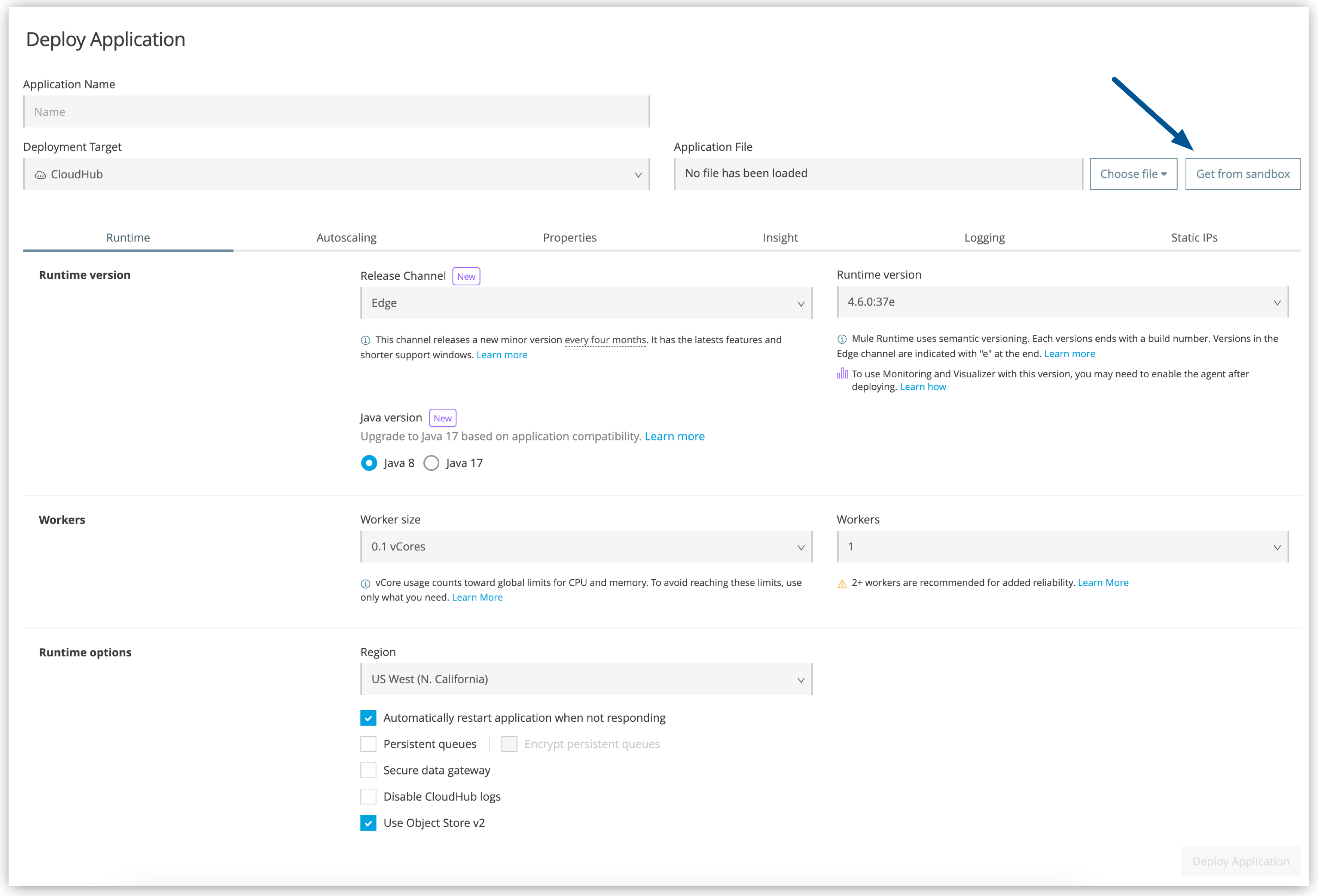 「Application Name (アプリケーション名)」 項目、「Get from sandbox (Sandbox から取得)」 ボタン、「Deploy Application (アプリケーションをデプロイ)」 ボタン