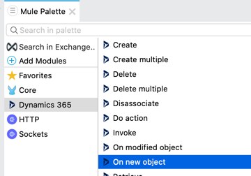 [Mule Palette (Mule パレット)] ビュー内で選択されている [On New Object] ソース
