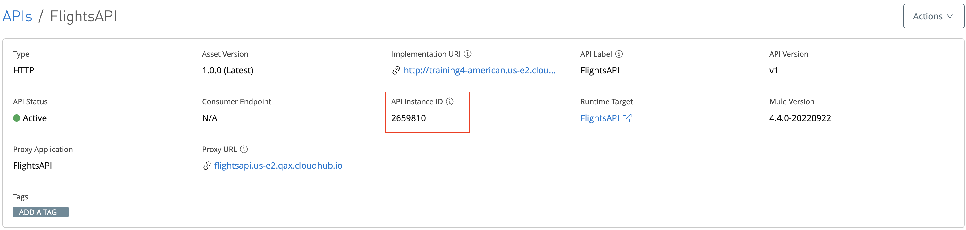 API インスタンス ID が強調表示されている HTTP API インスタンス