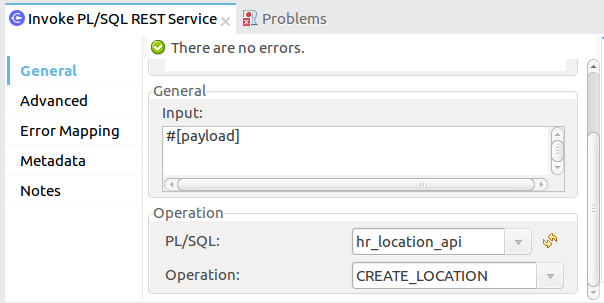 Oracle の Create Location 操作のプロパティウィンドウ