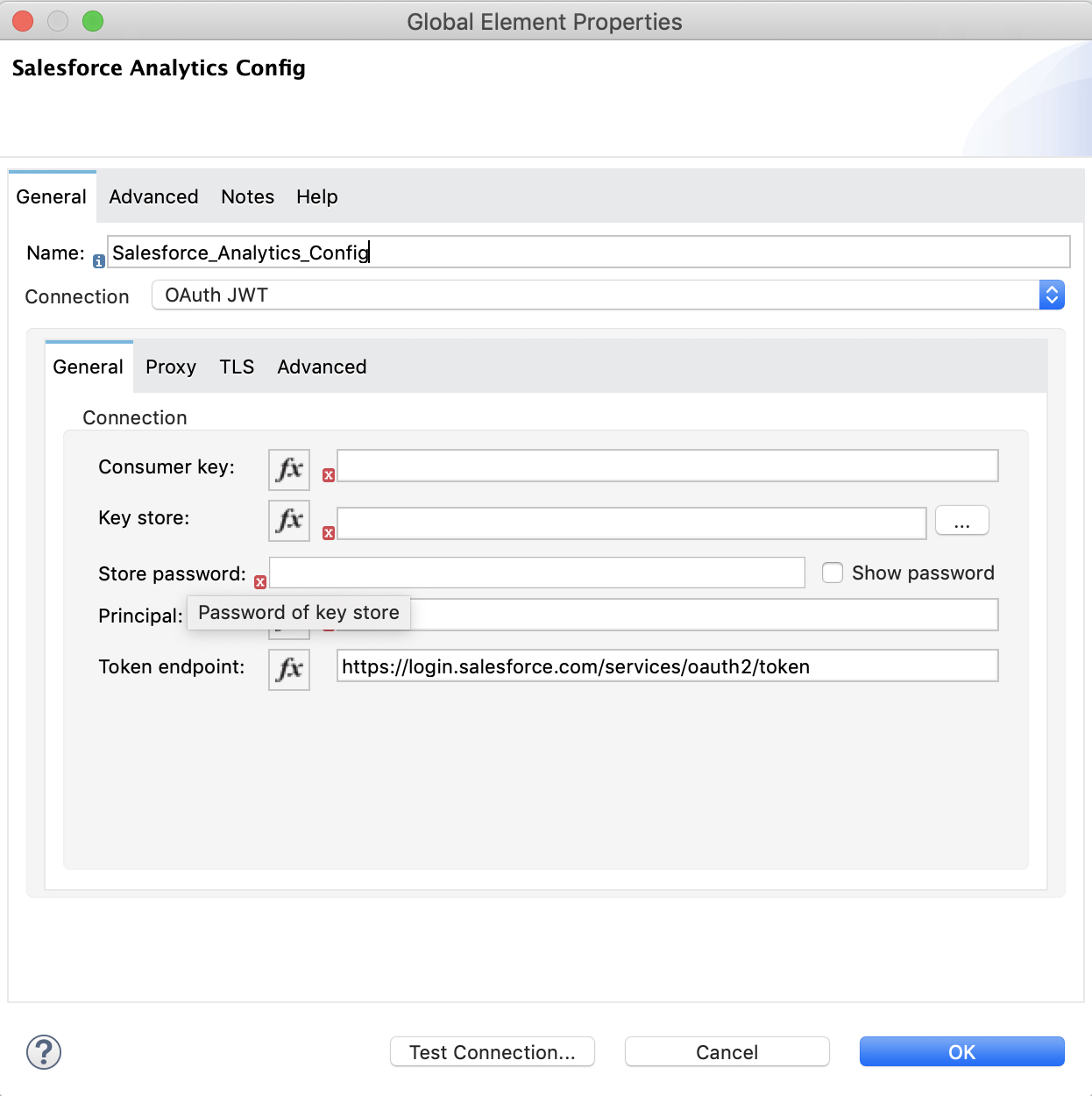 OAuth JWT の [Global Element Properties (グローバル要素プロパティ)] ウィンドウ