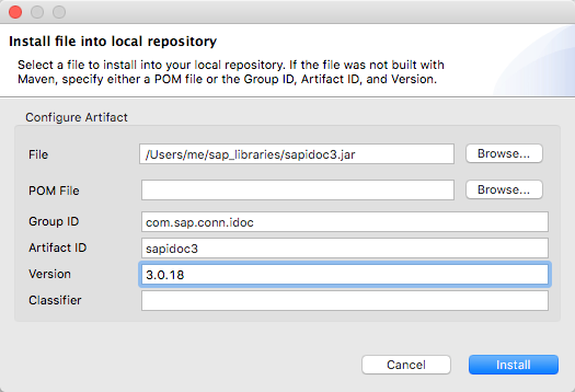 [Install file into local repository (ローカルリポジトリにファイルをインストール)] ウィンドウ