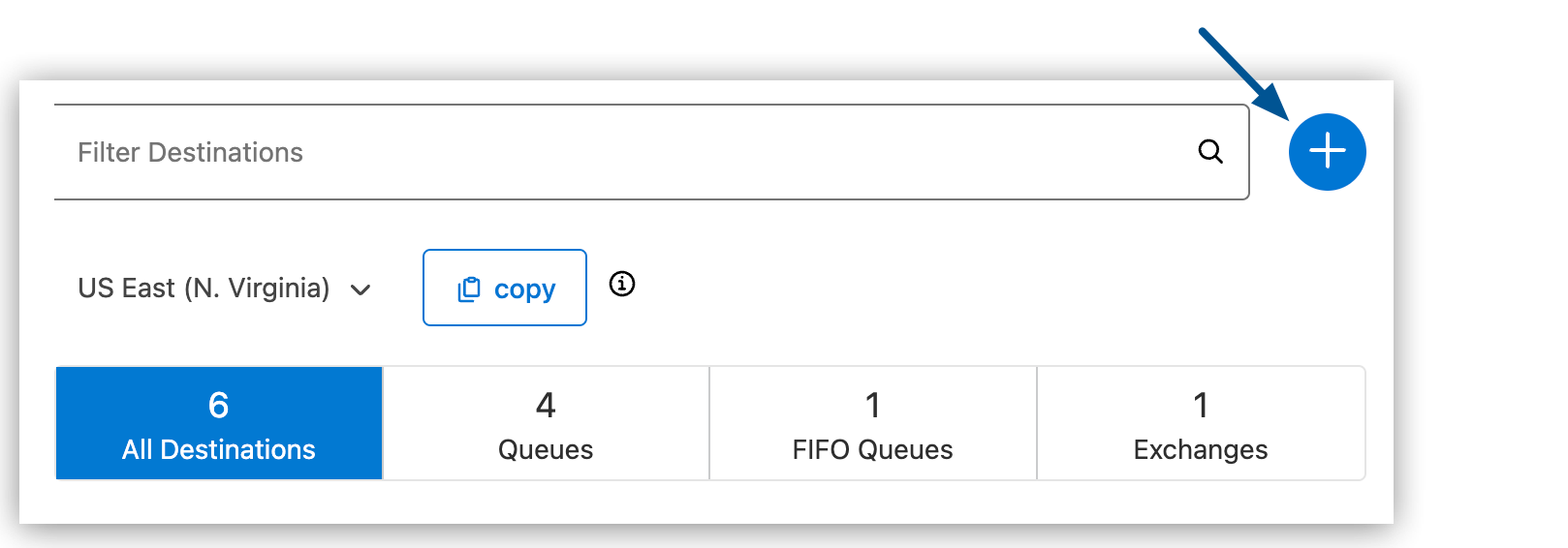 Destinations page showing the Add icon to add a queue