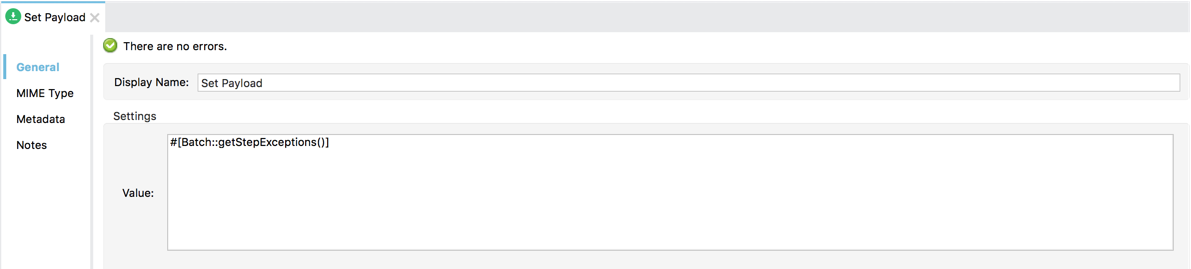 A Set Payload component with a value expression related to batch errors in Anypoint Studio