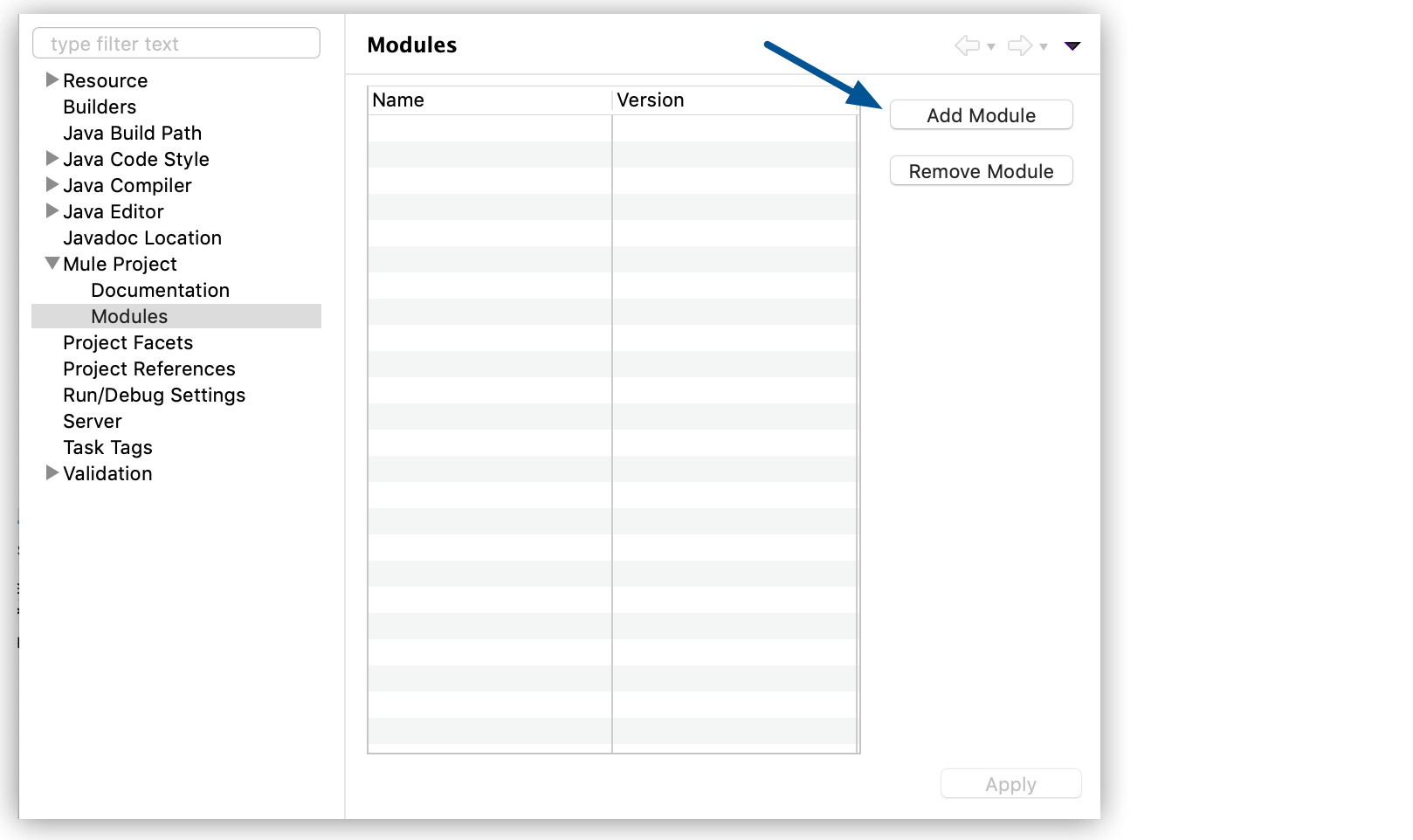 A configuration panel for adding modules to a project
