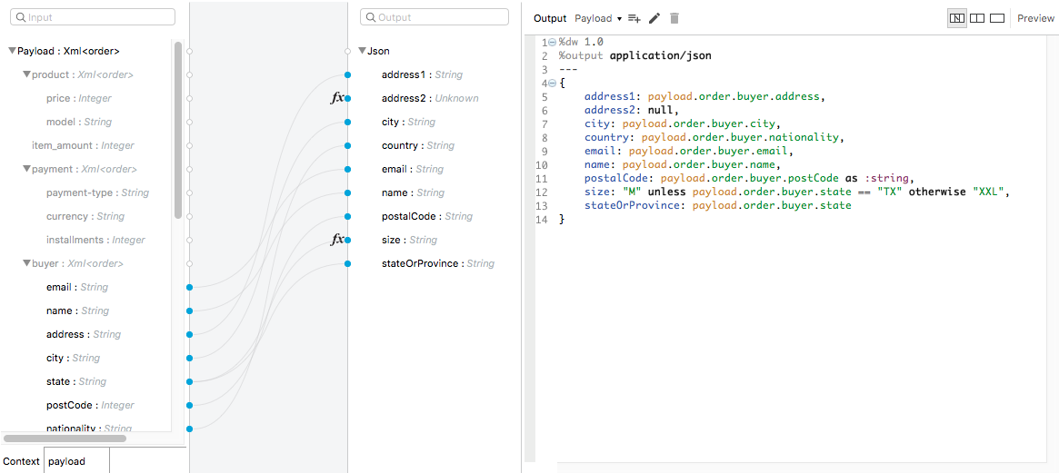 A DataWeave transformation from XML to JSON