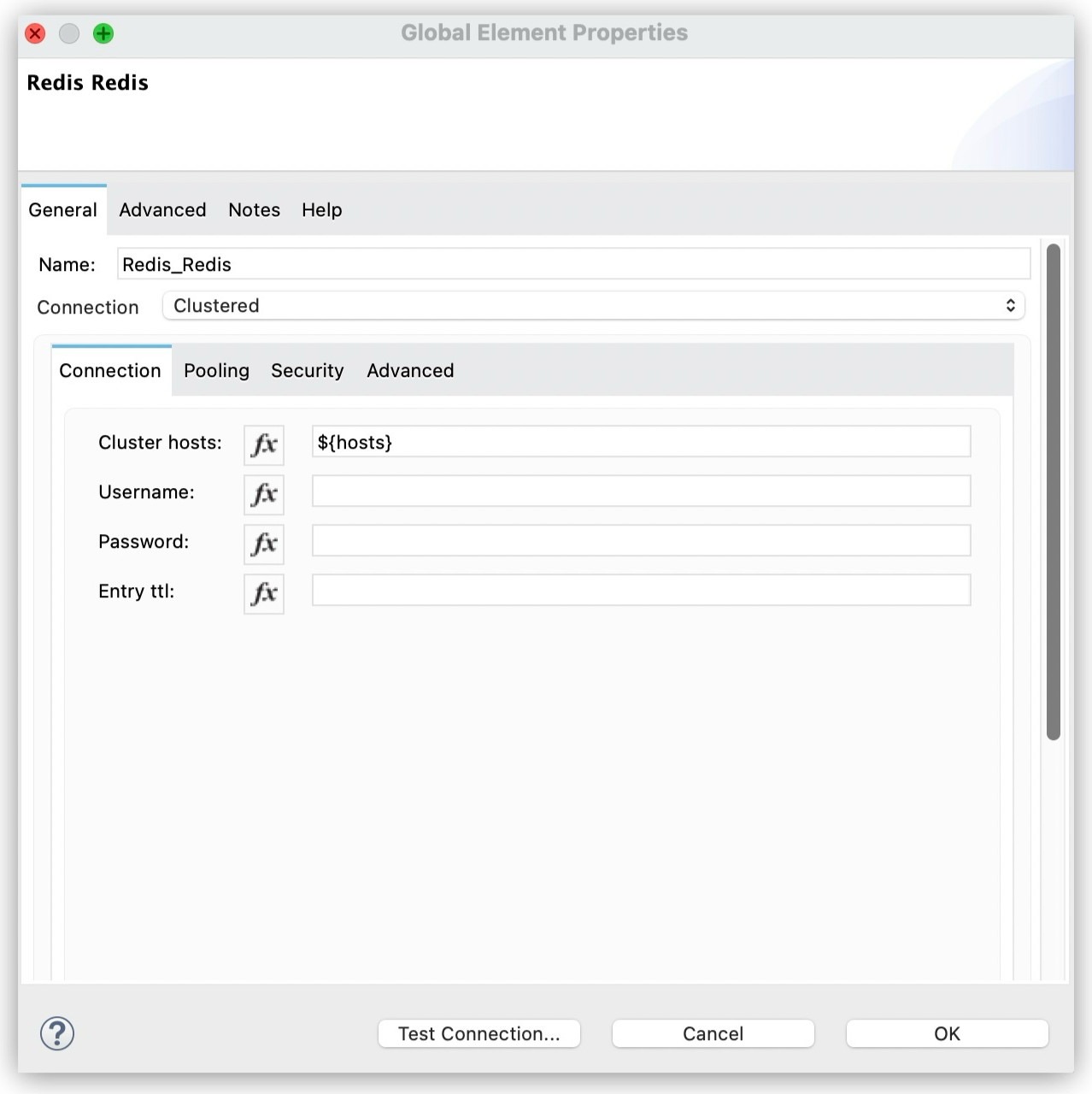 Configuration fields for Redis clustered connection type