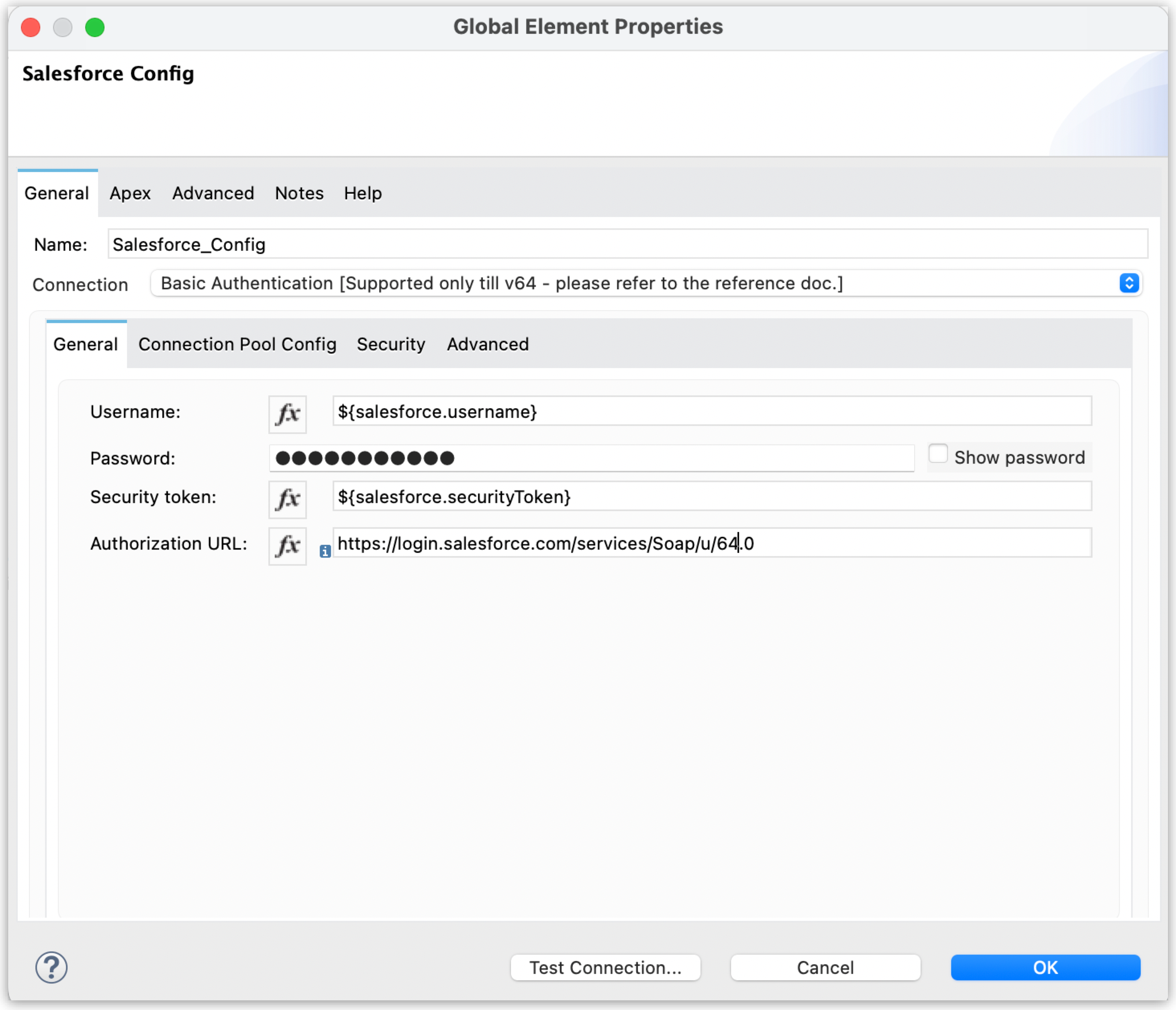 Create global element configuration window