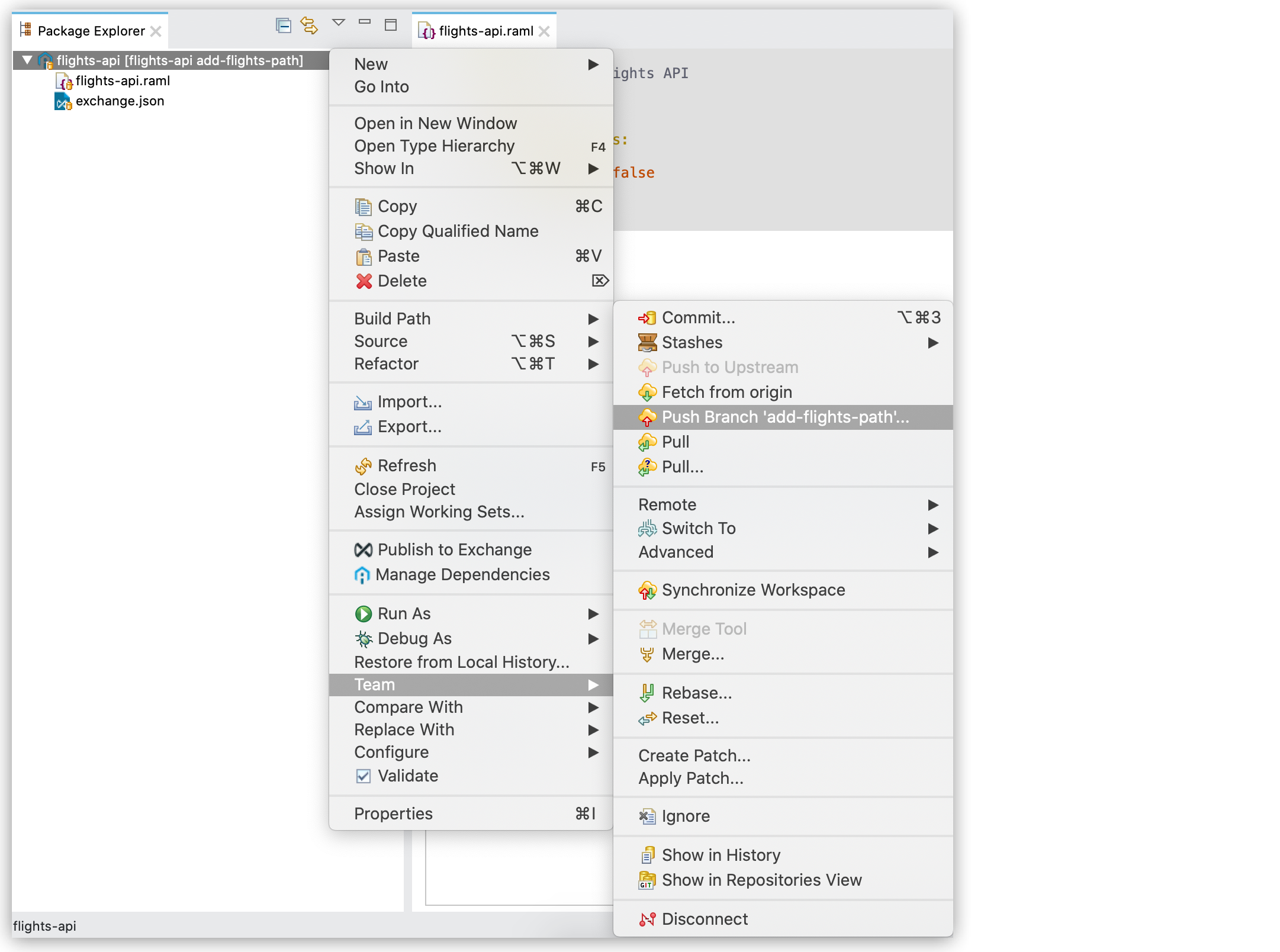 *Push branch* option highlighted in the Mule project context menu.